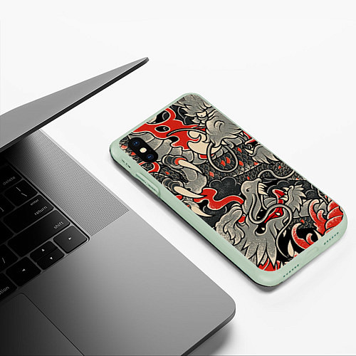 Чехол iPhone XS Max матовый Китайский Дракон, China Dragon / 3D-Салатовый – фото 3