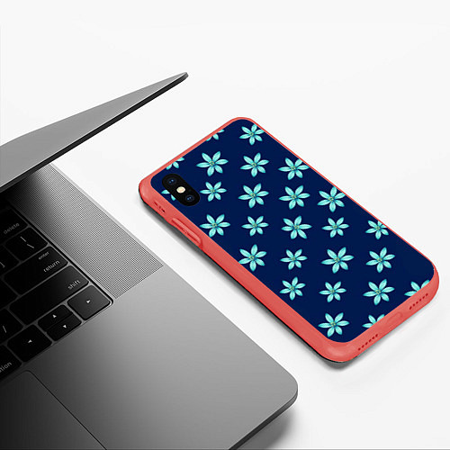 Чехол iPhone XS Max матовый Цветы Голубые / 3D-Красный – фото 3