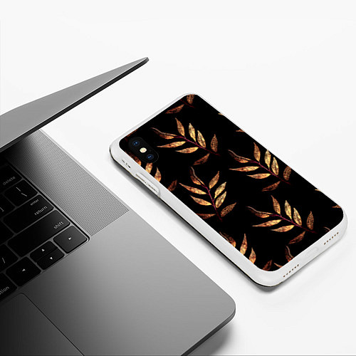 Чехол iPhone XS Max матовый Золотисто-красные листья / 3D-Белый – фото 3