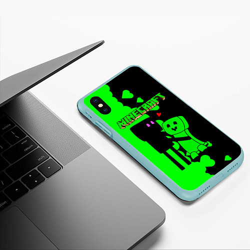 Чехол iPhone XS Max матовый Любовь Эндермена и Крипера Майнкрафт / 3D-Мятный – фото 3