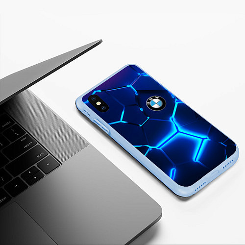 Чехол iPhone XS Max матовый BMW LOGO 3Д ПЛИТЫ ГЕОМЕТРИЯ / 3D-Голубой – фото 3