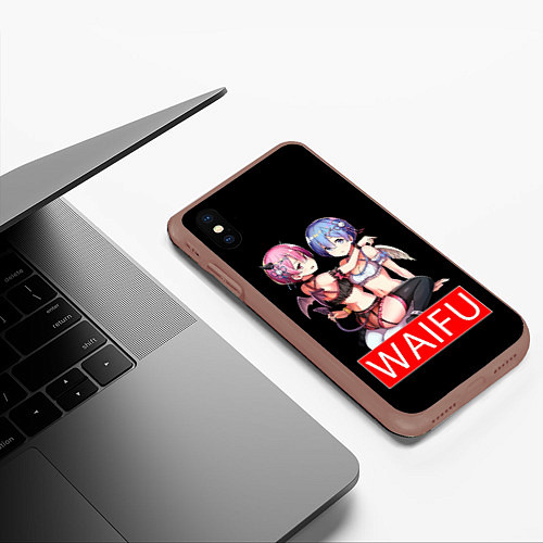 Чехол iPhone XS Max матовый Рем и рам вайфу Re zero ahegao / 3D-Коричневый – фото 3