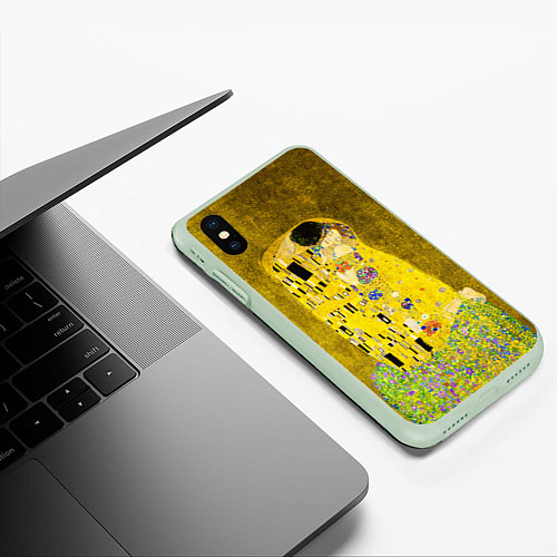 Чехол iPhone XS Max матовый Влюблённые поцелуй художник Климт / 3D-Салатовый – фото 3