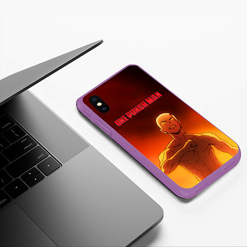 Чехол iPhone XS Max матовый Сайтама в огне One Punch-Man / 3D-Фиолетовый – фото 3