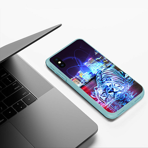 Чехол iPhone XS Max матовый Плывущий неоновый тигр / 3D-Мятный – фото 3