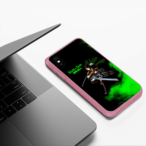 Чехол iPhone XS Max матовый Атака титанов ядовитый зеленый дым Леви Аккерман / 3D-Малиновый – фото 3