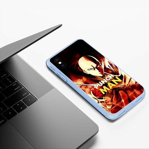 Чехол iPhone XS Max матовый Огненный Сайтама One Punch-Man / 3D-Голубой – фото 3