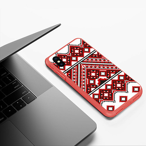 Чехол iPhone XS Max матовый Русский узор, геометрическая вышивка / 3D-Красный – фото 3