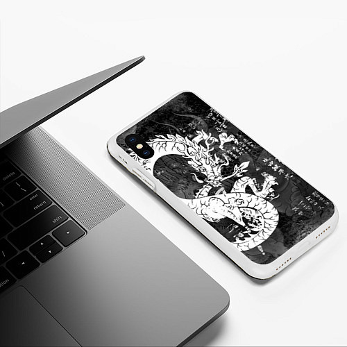 Чехол iPhone XS Max матовый ЧБ Японский Дракон Dragon Иероглифы / 3D-Белый – фото 3