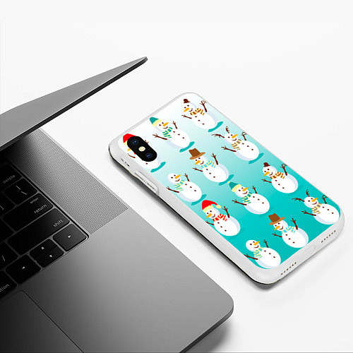 Чехол iPhone XS Max матовый Веселые снеговички узор / 3D-Белый – фото 3