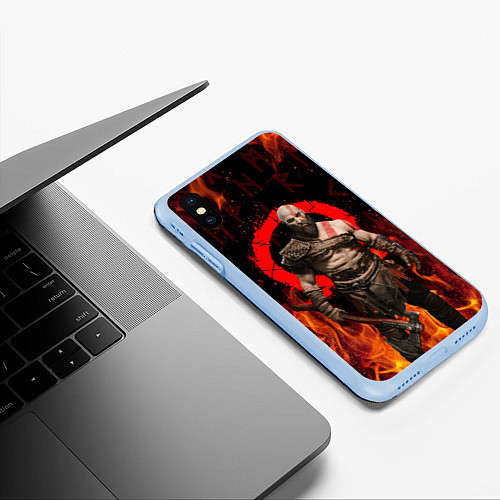 Чехол iPhone XS Max матовый GOD OF WAR РАГНАРЁК, КРАТОС В ОГНЕ / 3D-Голубой – фото 3