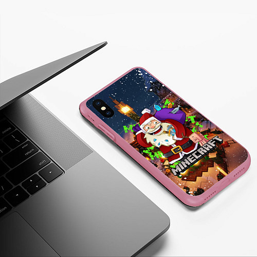 Чехол iPhone XS Max матовый НОВОГОДНЯЯ ЁЛКА В МАЙНКРАФТ SANTA CLAUS / 3D-Малиновый – фото 3