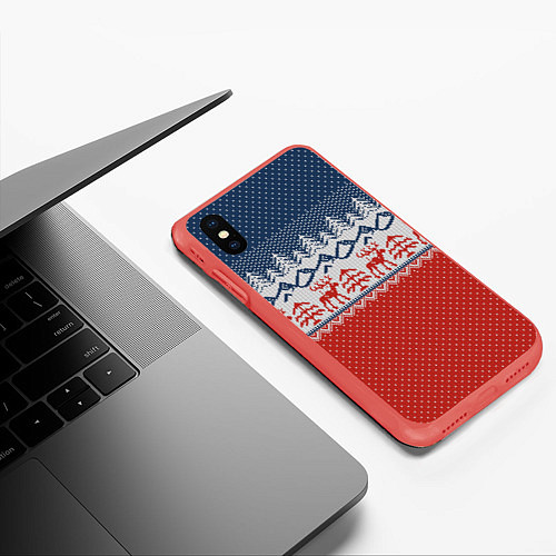 Чехол iPhone XS Max матовый ВЯЗАНЫЙ УЗОР С ОЛЕНЯМИ / 3D-Красный – фото 3