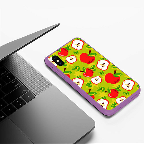 Чехол iPhone XS Max матовый Яблочки паттерн / 3D-Фиолетовый – фото 3