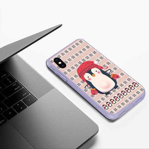 Чехол iPhone XS Max матовый Милый пингвин в шапочке и варежках / 3D-Светло-сиреневый – фото 3