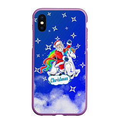 Чехол iPhone XS Max матовый Новогодний Санта с Единорогом, цвет: 3D-фиолетовый