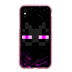 Чехол iPhone XS Max матовый MINECRAFT ЭНДЕРМЕН ЛИЦО, БРЫЗГИ КРАСОК, цвет: 3D-розовый