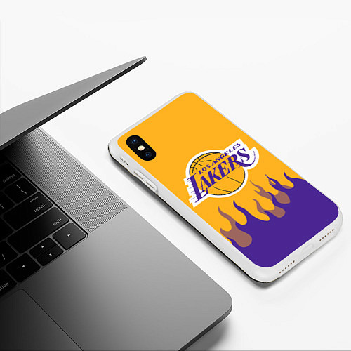 Чехол iPhone XS Max матовый LA LAKERS NBA FIRE ЛЕЙКЕРС ОГОНЬ / 3D-Белый – фото 3