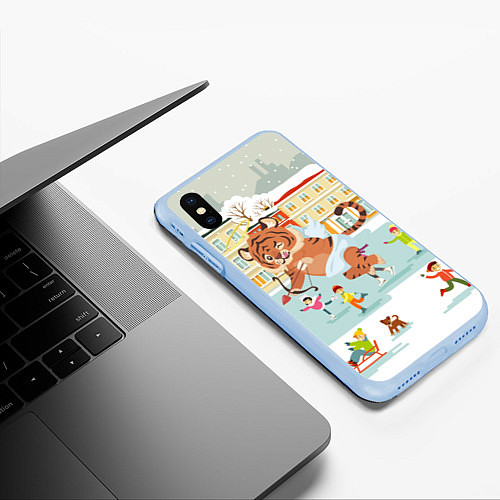 Чехол iPhone XS Max матовый Амур тигренок Новый год / 3D-Голубой – фото 3