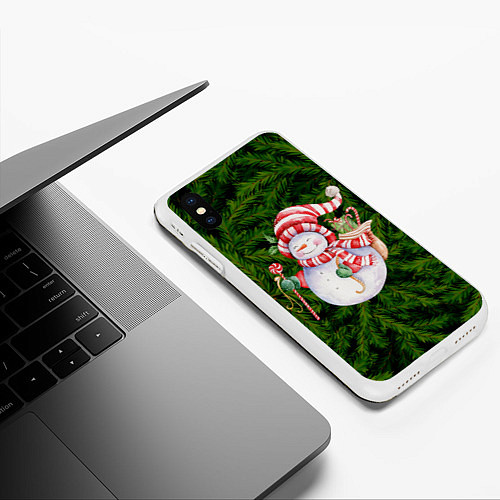 Чехол iPhone XS Max матовый Снеговичок На Еловом Фоне Елочная Текстура Новый Г / 3D-Белый – фото 3