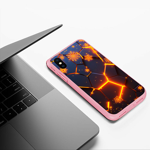 Чехол iPhone XS Max матовый НОВОГОДНИЕ ОГНЕННЫЕ 3D ПЛИТЫ FIRE NEON HEXAGON / 3D-Баблгам – фото 3