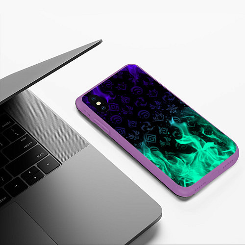 Чехол iPhone XS Max матовый НЕОНОВЫЙ ОГОНЬ ГЕНШИН ИМПАКТ СИМВОЛЫ / 3D-Фиолетовый – фото 3
