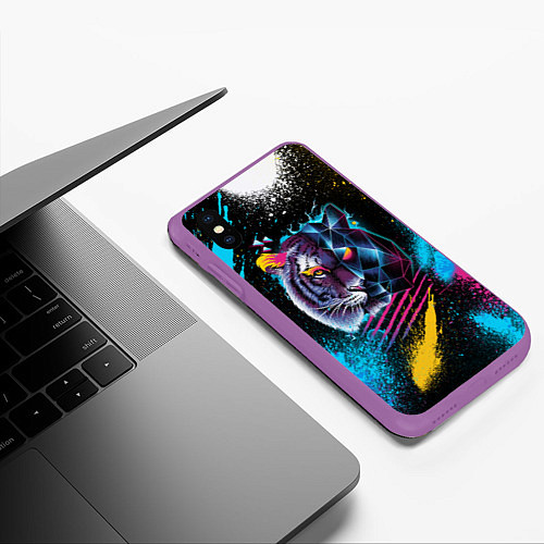 Чехол iPhone XS Max матовый Забрызганный тигр / 3D-Фиолетовый – фото 3