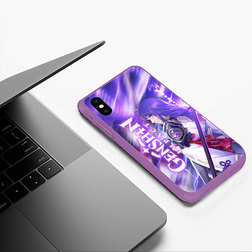 Чехол iPhone XS Max матовый SHOGUN RAIDEN KATANA NEON, GENSHIN IMPACT / 3D-Фиолетовый – фото 3