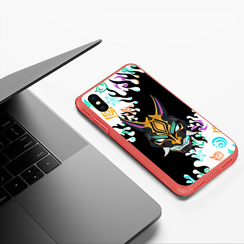 Чехол iPhone XS Max матовый Genshin Impact - Пламя Маска Сяо / 3D-Красный – фото 3