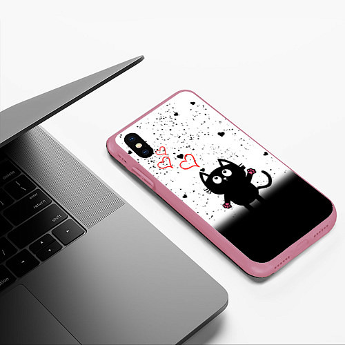 Чехол iPhone XS Max матовый Котик в тумане Сердечки / 3D-Малиновый – фото 3