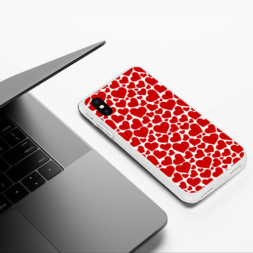 Чехол iPhone XS Max матовый Красные Сердечки LOVE / 3D-Белый – фото 3