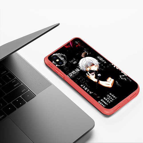 Чехол iPhone XS Max матовый Токийский Гуль на фоне Иероглифов Tokyo Ghoul / 3D-Красный – фото 3