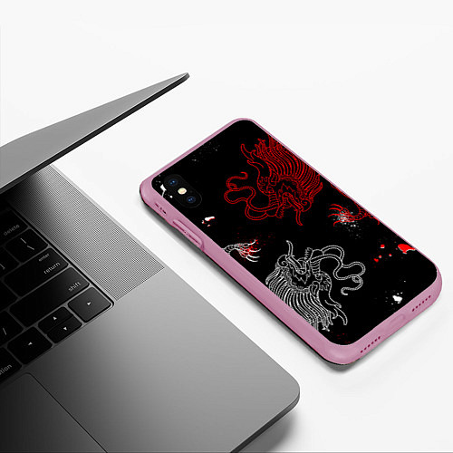 Чехол iPhone XS Max матовый Китайский дракон Красно - Белый / 3D-Розовый – фото 3