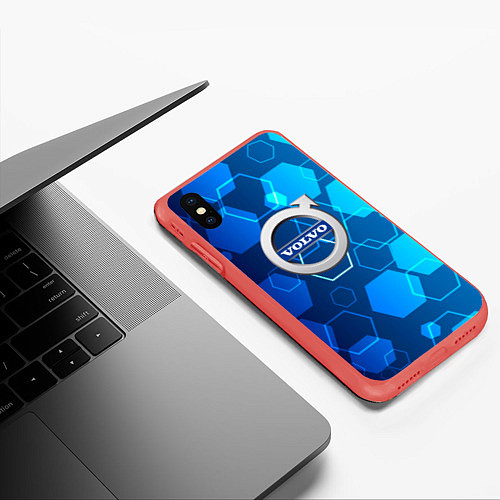 Чехол iPhone XS Max матовый Volvo Sport соты / 3D-Красный – фото 3