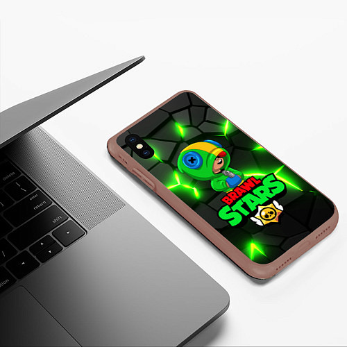 Чехол iPhone XS Max матовый ЛЕОН - БРАВО СТАРС Brawl Stars / 3D-Коричневый – фото 3