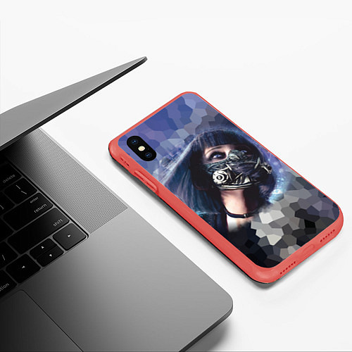 Чехол iPhone XS Max матовый Девушка в кибер-маске / 3D-Красный – фото 3