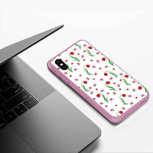 Чехол iPhone XS Max матовый Тюльпаны, бабочки, сердечки / 3D-Розовый – фото 3