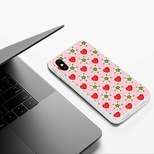Чехол iPhone XS Max матовый Сердечки и цветочки паттерн / 3D-Белый – фото 3