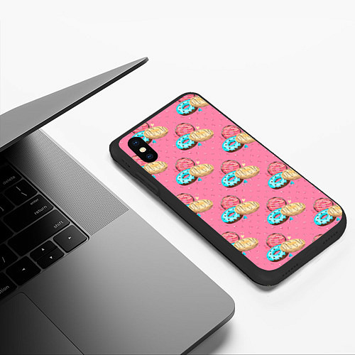 Чехол iPhone XS Max матовый Яркие пончики паттерн / 3D-Черный – фото 3