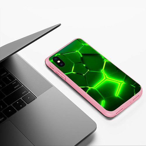 Чехол iPhone XS Max матовый 3D ПЛИТЫ НЕОН NEON GREEN HEXAGON РАЗЛОМ / 3D-Баблгам – фото 3