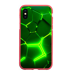 Чехол iPhone XS Max матовый 3D ПЛИТЫ НЕОН NEON GREEN HEXAGON РАЗЛОМ, цвет: 3D-красный