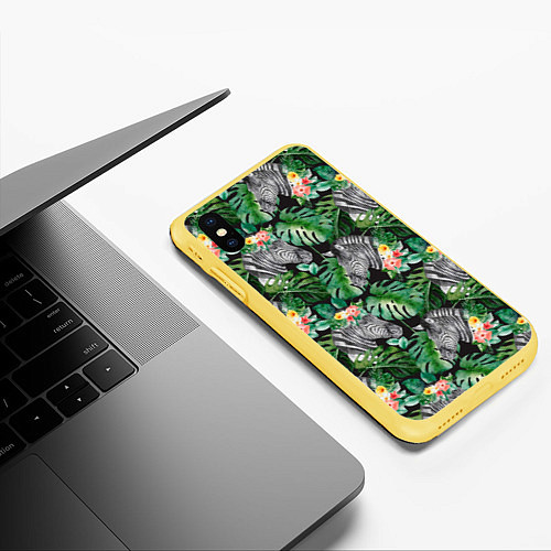 Чехол iPhone XS Max матовый Зебра и листья / 3D-Желтый – фото 3