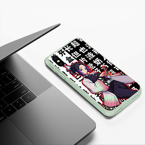 Чехол iPhone XS Max матовый Шинобу Кочо и иероглифы Клинок рассекающий демонов / 3D-Салатовый – фото 3