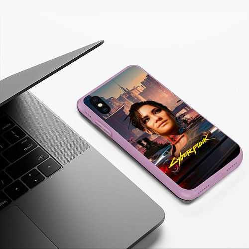 Чехол iPhone XS Max матовый Panam Панам Cyberpunk 2077 портрет / 3D-Сиреневый – фото 3