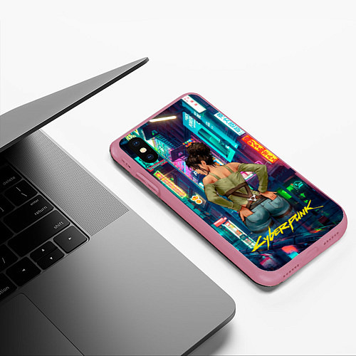 Чехол iPhone XS Max матовый Панам вид сзади Cyberpunk2077 / 3D-Малиновый – фото 3