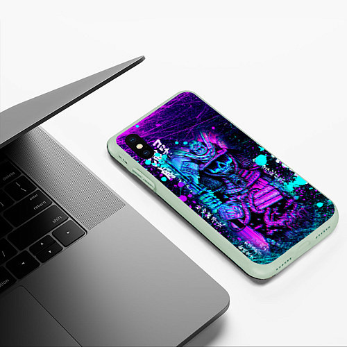 Чехол iPhone XS Max матовый Неоновый Японский Самурай Neon Samurai Skull / 3D-Салатовый – фото 3