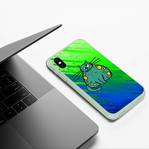 Чехол iPhone XS Max матовый Прикольный зеленый кот / 3D-Салатовый – фото 3
