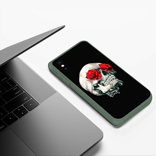 Чехол iPhone XS Max матовый Череп Розы / 3D-Темно-зеленый – фото 3
