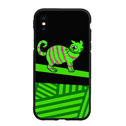 Чехол iPhone XS Max матовый Зеленый полосатый кот, цвет: 3D-черный