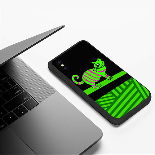 Чехол iPhone XS Max матовый Зеленый полосатый кот / 3D-Черный – фото 3